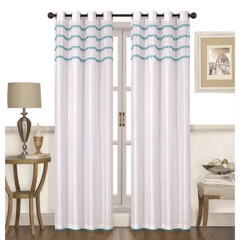 Pom Pom Faux Silk Solid Grommet Curtains