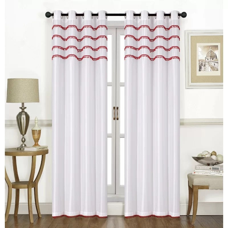 Pom Pom Faux Silk Solid Grommet Curtains