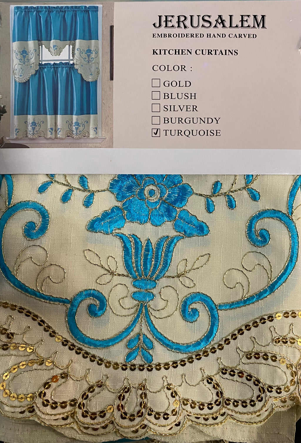 Jerusalem Embroidered Hand Craved 3 Piece Kitchen Curtain Set
